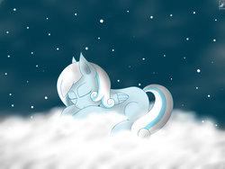 Size: 1024x768 | Tagged: safe, artist:lugiadriel14, oc, oc only, oc:snowdrop, pony, cloud, sleeping, snow, snowfall, solo