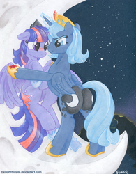 Size: 1500x1923 | Tagged: safe, artist:foxxy-arts, princess luna, twilight sparkle, alicorn, pony, g4, accessory swap, against wall, blushing, butt, clothes swap, crescent moon, dock, duo, duo female, female, glowing, glowing horn, horn, kabedon, lesbian, looking at each other, looking at someone, mare, moonbutt, night, night sky, plot, s1 luna, ship:twiluna, shipping, sky, stars, tail, tangible heavenly object, twilight sparkle (alicorn)