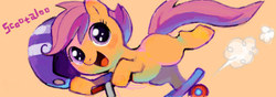 Size: 600x210 | Tagged: safe, artist:shimabo, scootaloo, earth pony, pony, g4, blank flank, cute, cutealoo, female, filly, foal, helmet, open mouth, pixiv, scooter, simple background, solo