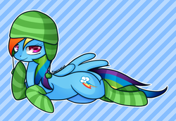 Size: 1158x798 | Tagged: safe, artist:sandra626, rainbow dash, pegasus, pony, g4, bedroom eyes, clothes, female, hat, smiling, socks, solo, striped socks