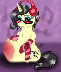 Size: 512x600 | Tagged: safe, artist:intelligent-zombie, oc, oc only, belly, blushing, headphones, inflation