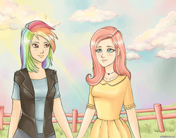 Size: 1400x1100 | Tagged: safe, artist:sashaalice, fluttershy, rainbow dash, human, g4, clothes, dress, female, holding hands, humanized, lesbian, ship:flutterdash, shipping, t-shirt