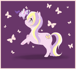 Size: 1024x933 | Tagged: safe, artist:reachfarhigh, fluttershy, fluttershy (g3), breezie, butterfly, earth pony, pony, g3, g4, cute, female, heart, lady slipper, mare, purple background, simple background