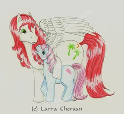 Size: 1936x1784 | Tagged: safe, artist:larrachersan, baby cuddles, paradise, pegasus, pony, g1, baby, baby pony, bow, cuddlebetes, cute, duo, female, filly, foal, hug, mare, paradawwse, side hug, signature, tail, traditional art, watermark