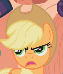 Size: 455x537 | Tagged: safe, screencap, applejack, earth pony, pony, g4, look before you sleep, angry, cropped, faic, female, golden oaks library, mare, solo