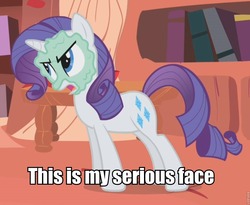 Size: 960x787 | Tagged: safe, edit, edited screencap, screencap, rarity, pony, g4, look before you sleep, cropped, female, golden oaks library, mud mask, roflbot, serious face, solo