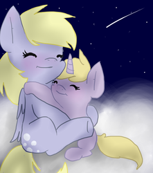 Size: 643x727 | Tagged: safe, artist:lililuna1234, derpy hooves, dinky hooves, pegasus, pony, g4, cloud, cloudy, cute, equestria's best mother, female, happy, hug, mare, night, shooting star, smiling