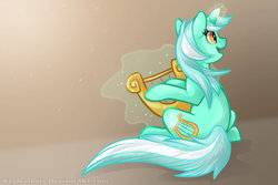 Size: 900x600 | Tagged: safe, artist:keyfeathers, lyra heartstrings, pony, unicorn, g4, female, looking at something, lyre, magic, musical instrument, rear view, smiling, solo, telekinesis