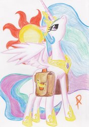 Size: 1280x1819 | Tagged: safe, artist:arxuicy, princess celestia, pony, g4, banana, banana bag, female, solo, sun, traditional art