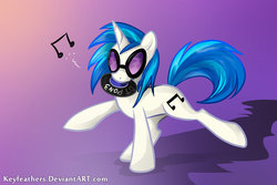 Size: 900x600 | Tagged: safe, artist:keyfeathers, dj pon-3, vinyl scratch, pony, g4, cute, female, mouth hold, record, solo