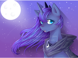 Size: 1600x1200 | Tagged: safe, artist:meewin, princess luna, alicorn, pony, g4, cape, clothes, crown, female, jewelry, looking at you, mare, moon, night, regalia, scarf, solo, watermark