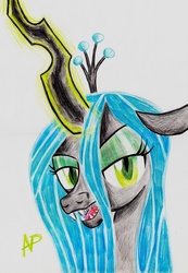 Size: 1992x2880 | Tagged: safe, queen chrysalis, changeling, changeling queen, g4, female, simple background, solo, traditional art, white background