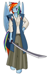 Size: 692x1104 | Tagged: safe, artist:tetsutowa, rainbow dash, anthro, unguligrade anthro, g4, female, pixiv, samurai, simple background, solo, white background