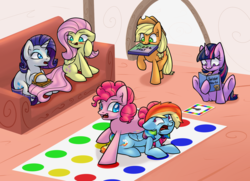 Size: 1800x1300 | Tagged: safe, artist:slavedemorto, applejack, fluttershy, pinkie pie, rainbow dash, rarity, twilight sparkle, g4, brushing, couch, mane six, pizza box, twister