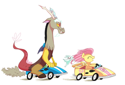 Size: 1150x784 | Tagged: safe, artist:pepooni, angel bunny, discord, fluttershy, g4, car, female, happy, kart, male, ponykart, race, racing, riding, ship:discoshy, shipping, straight