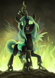 Size: 491x694 | Tagged: dead source, safe, artist:tsurime, queen chrysalis, g4, female, fire, looking at you, smiling, solo