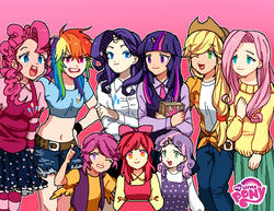 Size: 840x650 | Tagged: safe, artist:gom, apple bloom, applejack, fluttershy, pinkie pie, rainbow dash, rarity, scootaloo, sweetie belle, twilight sparkle, human, g4, belly button, belt, book, clothes, cutie mark crusaders, horn, horned humanization, humanized, mane six, midriff, pixiv, skirt, sweater vest, sweatershy, vest