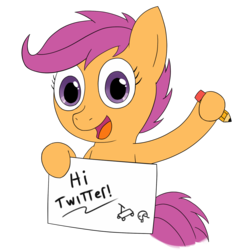 Size: 1000x1039 | Tagged: safe, artist:insecureflaky, scootaloo, g4, message, paper, pencil, smiling