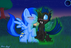 Size: 3236x2185 | Tagged: safe, artist:speedyandrose, oc, oc only, changeling, pegasus, pony, blue changeling