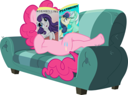 Size: 1037x770 | Tagged: safe, artist:w1kk3d, edit, pinkie pie, earth pony, pony, g4, butt, couch, female, lying down, magazine, mare, on back, playbrony, plot, reading, simple background, transparent background