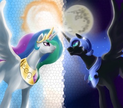 Size: 1200x1060 | Tagged: safe, artist:mrs1989, nightmare moon, princess celestia, g4, day, duo, looking at each other, looking at someone, mare in the moon, moon, night, profile, side view, sun
