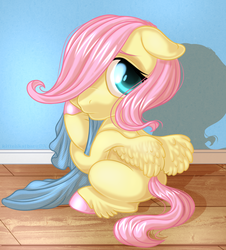 Size: 756x838 | Tagged: safe, artist:kittehkatbar, fluttershy, pegasus, pony, g4, blank flank, blanket, colored hooves, female, filly, filly fluttershy, floppy ears, looking at you, solo, spread wings, unshorn fetlocks, wings, younger