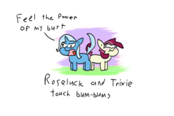 Size: 1500x998 | Tagged: safe, artist:roseylacks, roseluck, trixie, earth pony, pony, unicorn, g4, blushing, butt bump, butt to butt, duo, female, mare