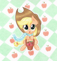 Size: 2000x2148 | Tagged: safe, artist:agamnentzar, applejack, earth pony, pony, g4, apple, basket, clothes, female, scarf, solo, traditional art