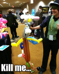 Size: 500x630 | Tagged: safe, discord, pinkie pie, g4, balloon, balloon animal, image macro, irl, photo