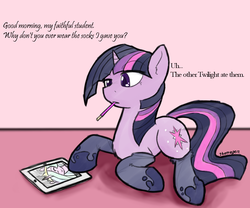 Size: 1202x1000 | Tagged: safe, artist:thattagen, princess celestia, twilight sparkle, g4, clothes, dialogue, ipad, mouth hold, pocky, socks, sockypockytwi