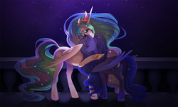 Size: 934x562 | Tagged: dead source, safe, artist:dashiana, princess celestia, princess luna, alicorn, pony, g4, balcony, ethereal mane, eyes closed, female, frown, hoof shoes, hug, lidded eyes, mare, night, no more ponies at source, nuzzling, raised hoof, spread wings, starry night, stars, underhoof, wing fluff, wings