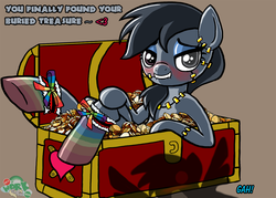 Size: 1280x914 | Tagged: safe, artist:outofworkderpy, pony, zombie, chest, clothes, coin, dead rainbow dash, lip bite, looking at you, ribbon, shadow, socks, solo, striped socks, treasure