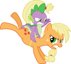 Size: 3000x2708 | Tagged: safe, artist:sulyo, applejack, spike, dragon, earth pony, pony, g4, bucking, female, hatless, male, mare, missing accessory, riding, rodeo, ship:applespike, shipping, simple background, spike riding applejack, straight, transparent background, vector