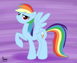 Size: 1024x838 | Tagged: safe, artist:elana-louise, rainbow dash, pony, g4, female, mare, one leg raised, signature, simple background, smiling, solo, spread wings, standing, wings