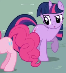 Size: 508x556 | Tagged: safe, screencap, pinkie pie, twilight sparkle, pony, unicorn, g4, season 1, the ticket master, cropped, female, mare, out of context, raised hoof, solo focus, unicorn twilight