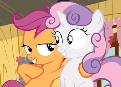 Size: 1096x788 | Tagged: dead source, safe, screencap, scootaloo, sweetie belle, pony, unicorn, g4, sleepless in ponyville, female, filly, lidded eyes, out of context