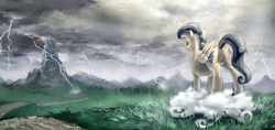 Size: 2800x1318 | Tagged: safe, artist:ruffu, oc, oc only, pony, cloud, cloudy, lightning, mountain
