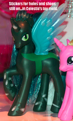 Size: 430x716 | Tagged: safe, princess cadance, queen chrysalis, g4, complaining, female, holes, irl, photo, quality, shoes, sticker, text, toy