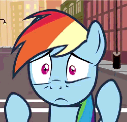 Size: 369x356 | Tagged: safe, artist:flamingo1986, rainbow dash, double rainboom, g4, animated, city, city of townsville, female, hoof on cheek, open mouth, scared, the powerpuff girls, townsville, worried