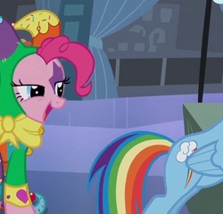 Size: 630x604 | Tagged: safe, screencap, pinkie pie, rainbow dash, pony, g4, my little pony: friendship is magic, the crystal empire, clothes, costume, cropped, crystal empire, duo, female, jester, lidded eyes, mare, out of context