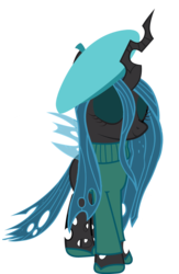 Size: 900x1382 | Tagged: safe, artist:cool77778, queen chrysalis, changeling, changeling queen, g4, becoming popular, beret, clothes, eyes closed, female, hat, mare, shoes, simple background, sweater, transparent background