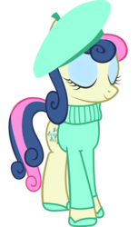 Size: 698x1145 | Tagged: safe, artist:cool77778, bon bon, sweetie drops, earth pony, pony, g4, beret, clothes, cutie mark, eyes closed, female, hat, hooves, mare, simple background, smiling, solo, sweater, transparent background