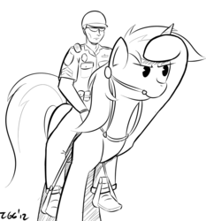 Size: 900x966 | Tagged: safe, artist:tggeko, lyra heartstrings, human, unicorn, g4, bit, black and white, bridle, grayscale, heartstrings, monochrome, police