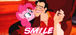 Size: 500x230 | Tagged: safe, edit, pinkie pie, g4, abuse, animated, beauty and the beast, caption, crossover, falcon punch, gaston legume, gaston punch, image macro, pinkiebuse, punch, smiling