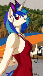 Size: 679x1205 | Tagged: safe, artist:hobbsmeerkat, dj pon-3, vinyl scratch, anthro, g4, armpits, beach, clothes, earbuds, female, mp3 player, one-piece swimsuit, solo, swimsuit