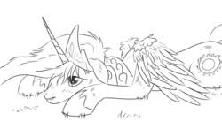 Size: 1200x700 | Tagged: safe, artist:tggeko, princess celestia, alicorn, pony, g4, female, injured, mare, monochrome, solo