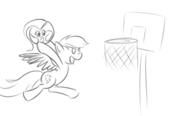 Size: 553x364 | Tagged: safe, artist:tggeko, fluttershy, rainbow dash, g4, ball, basketball, flutterball, sketch, slam dunk, transformation