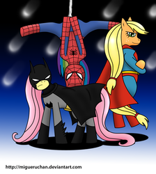 Size: 1235x1376 | Tagged: safe, artist:migueruchan, applejack, fluttershy, rainbow dash, earth pony, pegasus, pony, g4, app-el, batman, flutterbatman, male, spider-man, superman, supermare