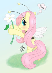 Size: 900x1250 | Tagged: safe, artist:joakaha, fluttershy, bee, pony, g4, animal costume, bee costume, clothes, costume, female, flower, flutterbee, hilarious in hindsight, solo, thought bubble