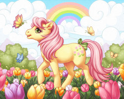 Size: 800x640 | Tagged: safe, artist:celesse, posey, butterfly, pony, g1, cottagecore, cute, female, mare, poseybetes, solo